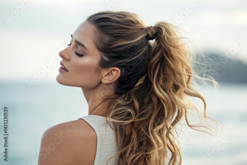 Woman With Wavy Ponytail Enjoying a Serene Ocean View Generative AI