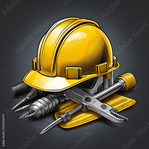 Detailed vector of construction tools and yellow hard hat, metallic textures, clean style, isolated transparent background.1.eps