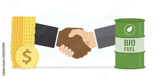 Business deal, agreement. Business People shaking hand. Exchange money to biofuel. Vision plan and perspective. Green energy technology. investment in alternative energy.