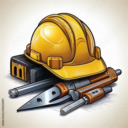 Detailed vector of construction tools and yellow hard hat, metallic textures, clean style, isolated transparent background.2.eps