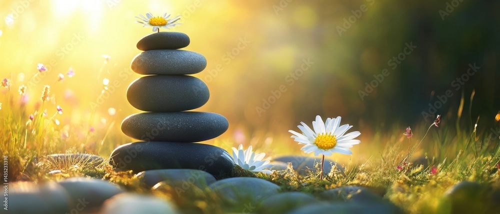Fototapeta premium Serene zen garden scene featuring stacked stones and delicate daisies bathed in warm sunlight evoking tranquility and balance in a natural setting