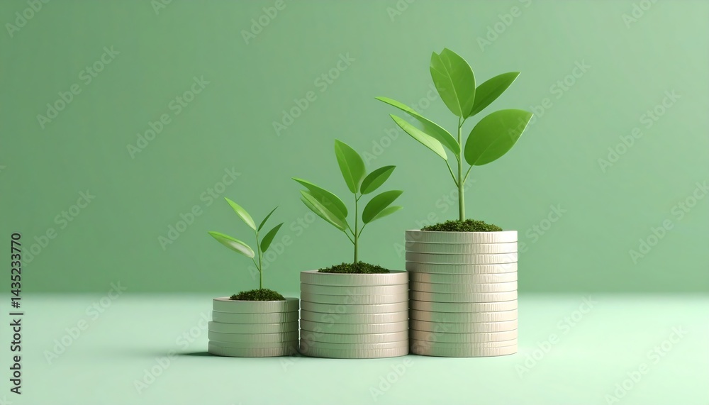 Stacks of coins with green plants symbolize financial growth and investment. Stacks of coins with green plants symbolize financial growth and investment.