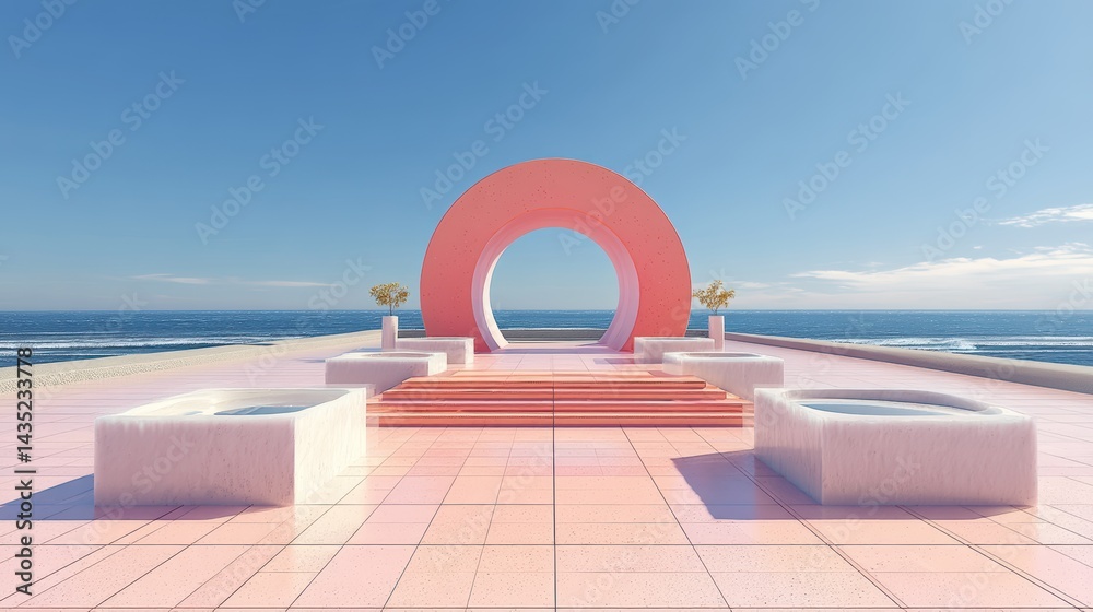 3D white cylindrical podium with Surreal architecture with arched window,curtain,pool,interior design of empty space,exhibition gallerydisplayProduct presentation realistic podium or platform. 3D white cylindrical podium with Surreal architecture with arched window,curtain,pool,interior design of empty space,exhibition gallerydisplayProduct presentation realistic podium or platform.