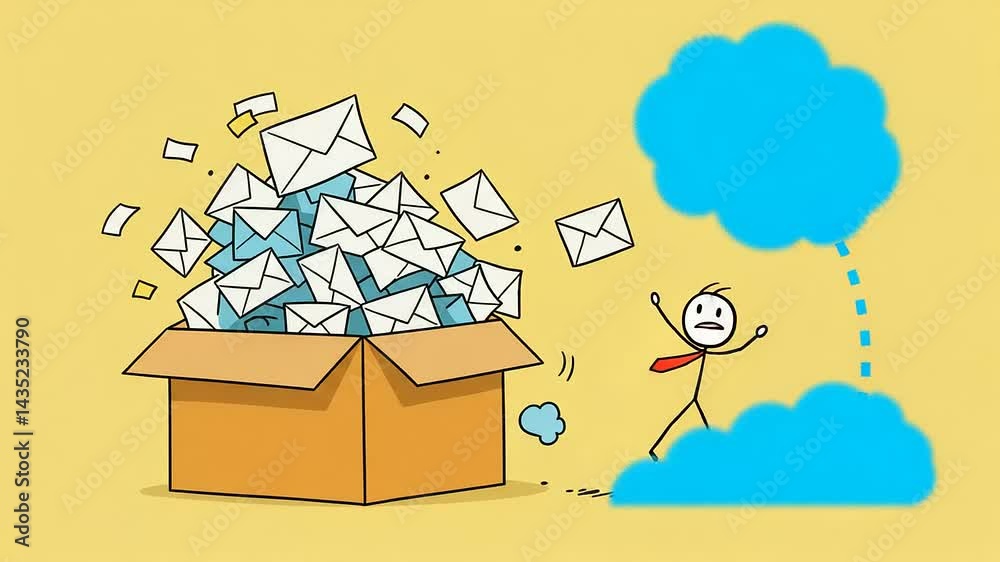 Stick figure overwhelmed by an avalanche of letters spilling from an open box on a bright background