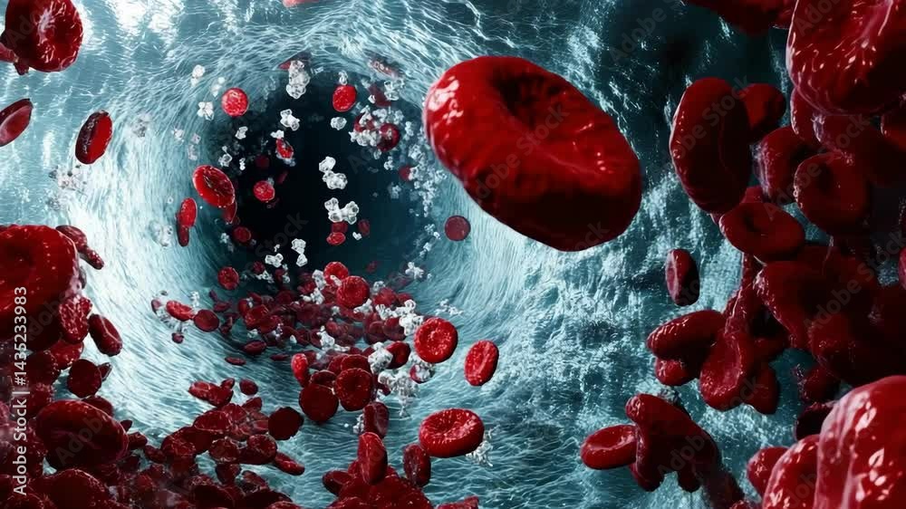 Red blood cells and white blood cells flowing through a vein or artery ...