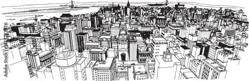 City landscape. Line urban backdrop. Skyline with clouds, different buildings on street, doodle street draw, outline cityscape hand sketch, flat houses. Hand drawn vector illustration