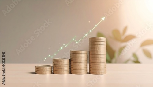 Stacks of coins with green plants symbolize financial growth and investment.