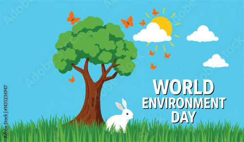 "World Environment Day Header – A vibrant eco-friendly banner featuring a bright summer sun, fluffy clouds against a blue sky, and a colorful butterfly fluttering over a lush green grass lawn. The des