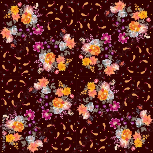 Luxurious pattern for a scarf, carpet, tablecloth, napkin, pillow with embroidered bouquets of flowers, berries and paisley on a deep brown background. Print for fabric.