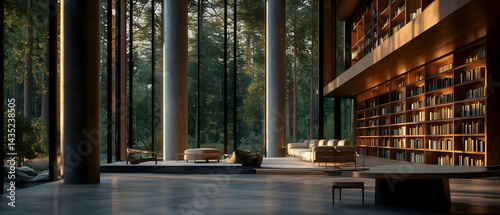 Modern Library with Forest Views