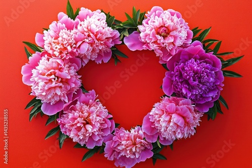 Isolated heart frame of vivid pink peonies, set on a bright red backdrop