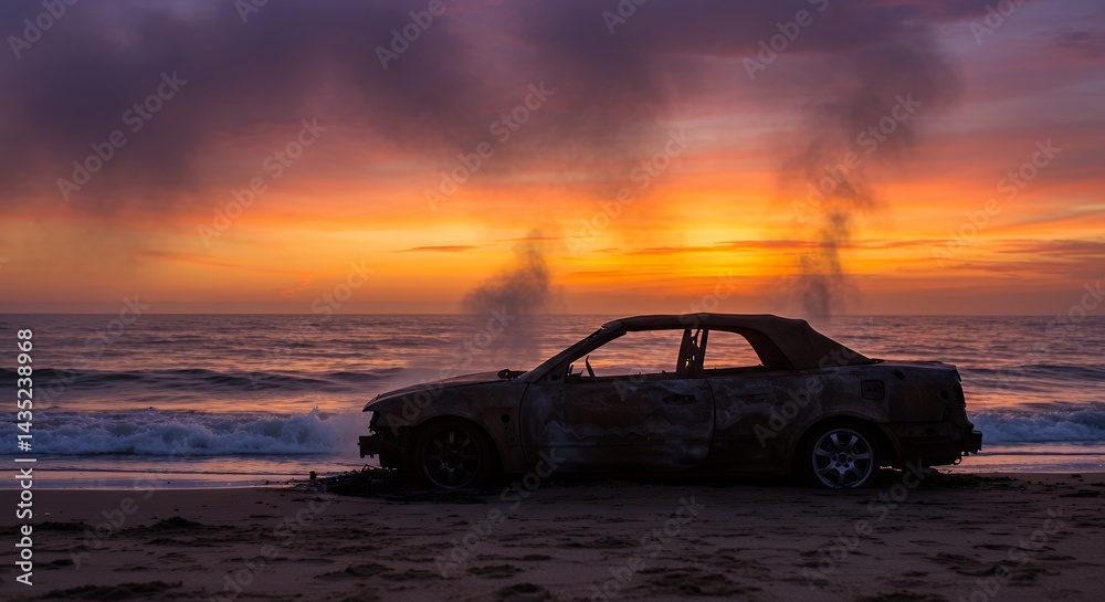 Abandoned car sunrise beach scene Abandoned car sunrise beach scene
