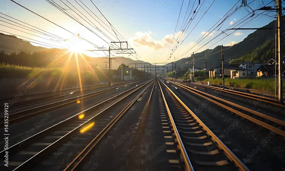 Train tracks stretch towards the sun, traversing countryside under a bright sky, cables overhead, and lush green mountains