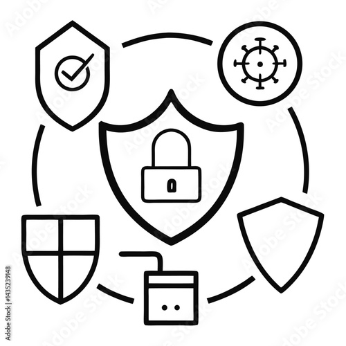 VPN Cybersecurity Icons with Shield Lock and Firewall