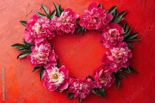 Isolated heart frame of vivid pink peonies, set on a bright red backdrop