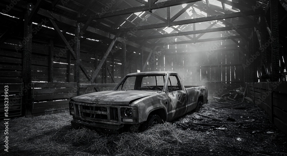 Obraz premium Abandoned truck in dark rustic interior