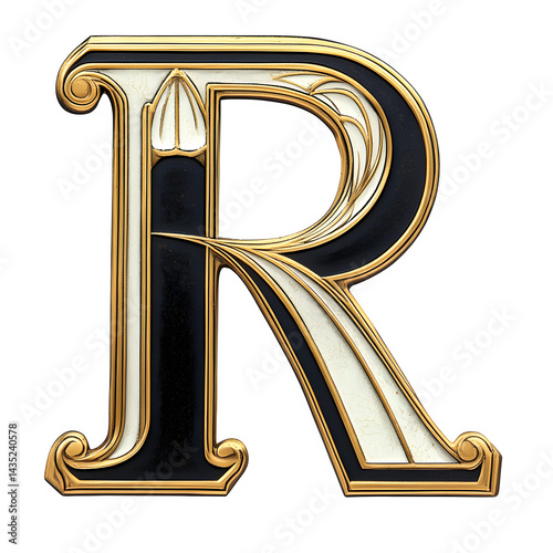 A decorative letter r with gold trim and black and white fill on a black background in high resolution