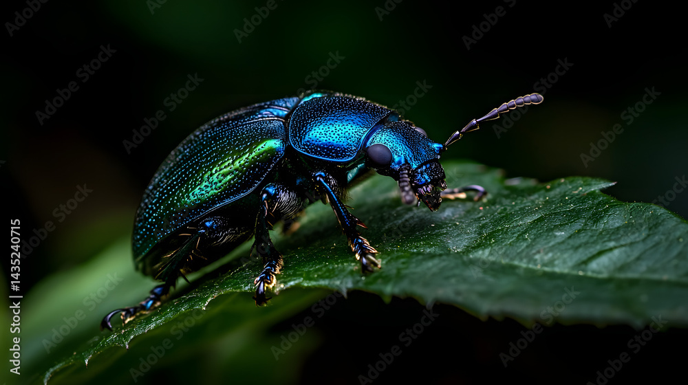 Fototapeta premium An ornate rainforest leaf beetle with shimmering metallic blue and green hues crawling on a leaf.
