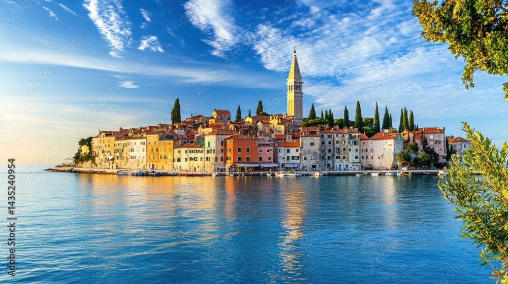 Fototapeta premium Colorful coastal town reflected in calm water at sunrise
