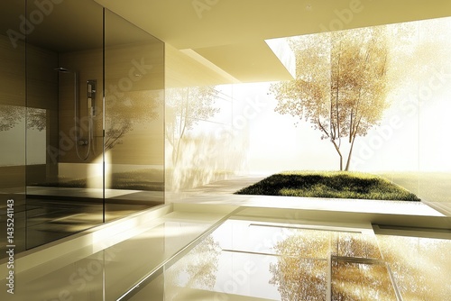 Modern bathroom with a tranquil garden view  A light, airy space features glass walls reflecting the outdoors A small, landscaped garden is visible through the glass, 