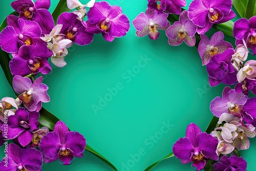 Isolated minimalistic heart frame of brilliant purple orchids, on a bright emerald green background