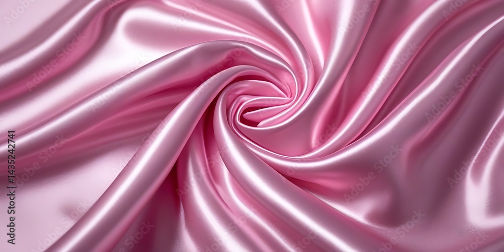 Fototapeta premium Luxurious pink silk fabric with elegant folds creating a soft swirling pattern, highlighting smooth texture, delicate shine, glamour, and beauty for design and backgrounds 