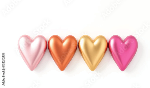 Colorful Metallic Hearts Row on White , 