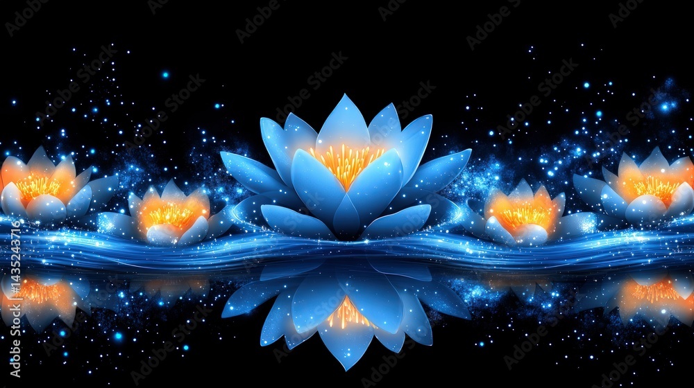 Luminous lotuses bloom in a starlit mirrored pond Luminous lotuses bloom in a starlit mirrored pond