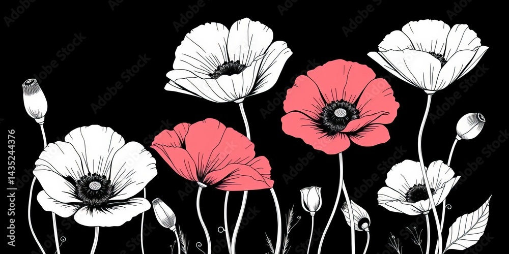Obraz premium Elegant set of vintage poppy illustrations; black & white line art, ideal for design projects, pattern, vintage