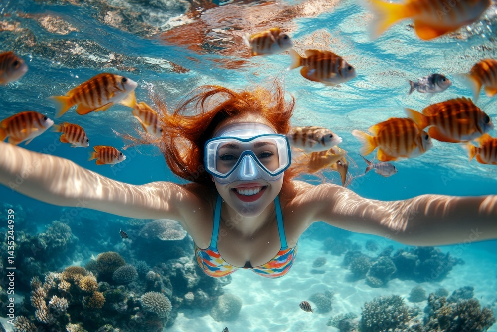 Fototapeta premium Bright commercial style image. Many tropical fish swim next to her. A gorgeous and sexy happy middle eastern young woman with red hair in a swimming mask and fins snorkeling among the corals.