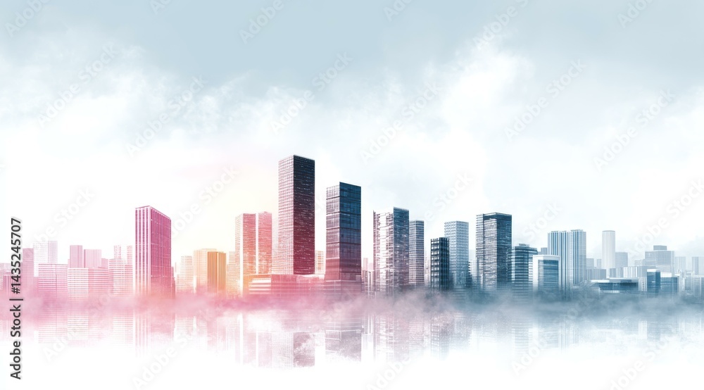 Obraz premium Misty Cityscape Skyline with Modern Architecture