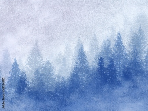 Serene winter forest landscape with blue tinted trees and soft fog creating a peaceful and misty atmosphere capturing the beauty of nature in a watercolor style