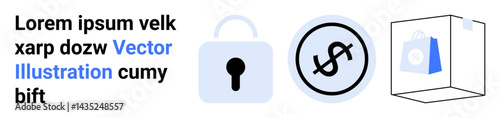 Blue lock, dollar sign in circle, and shopping bag in semi-transparent cube highlight safe transactions. Ideal for e-commerce, finance, cybersecurity, shopping, online services, trust simple landing
