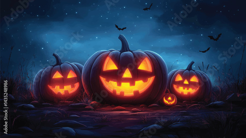  Dark Halloween Field Lit by Pumpkins.