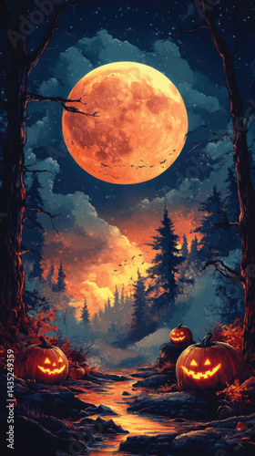 Glowing Halloween Town Under Full Moon.