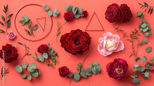 Layered PNGs of deep red roses, soft pink peonies, and subtle green eucalyptus, paired with circular and triangular geometric frames, isolated on a radiant coral background.