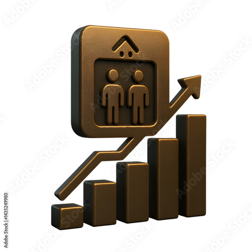 3D bronze icon showing rising bar chart with team collaboration symbol and upward arrow growth indicator

