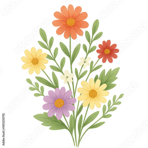 Floral Symphony: A vibrant watercolor illustration of a bouquet, showcasing an array of colorful blooms and lush greenery, conveying a sense of elegance and natural beauty.