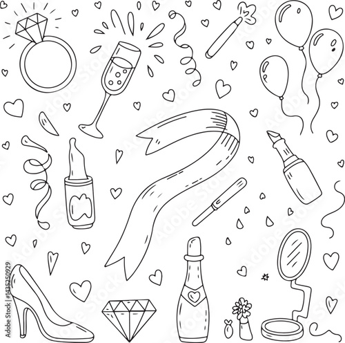 Romantic engagement ring, doodle style, champagne pop, bridal accessories, lipstick, confetti, heels, mirror, hand drawn wedding art