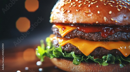 close up beefy yummy big cheese burger full of ingredient and juicy sauce, Generative Ai illustration