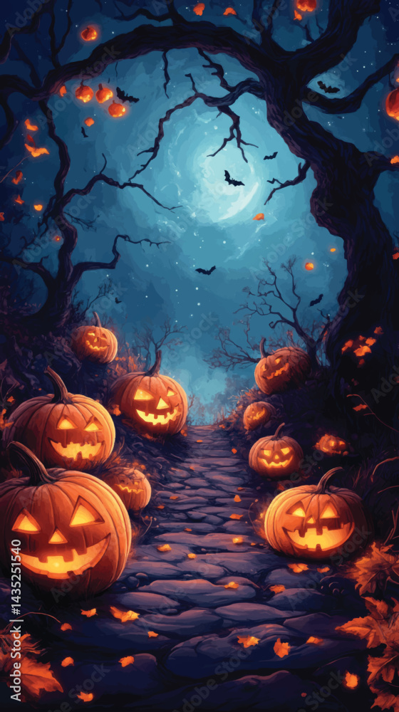 Fototapeta premium Spooky Trail with Pumpkins and Full Moon.