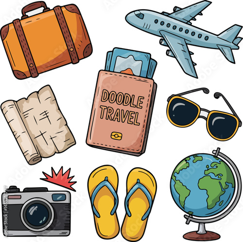 Doodle travel icons suitcase, airplane, passport, map, camera, sunglasses, flip flops, globe