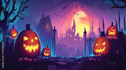 Vector Halloween Background with Bats and Pumpkins.