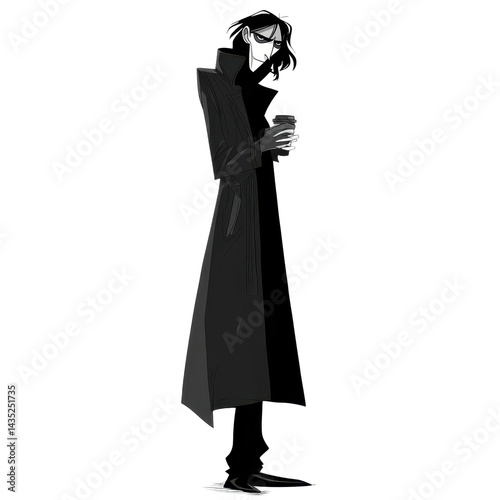 Wallpaper Mural Mysterious Man in Long Coat Holding Coffee Stylish Dark Figure Monochrome Illustration Torontodigital.ca