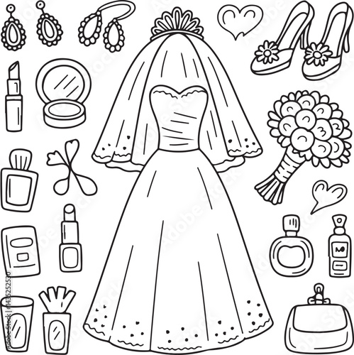 Hand drawn doodle elements wedding dress, veil, tiara, bridal shoes, bouquet, lipstick, compact mirror, perfume, earrings, clutch bag, black and white outline
