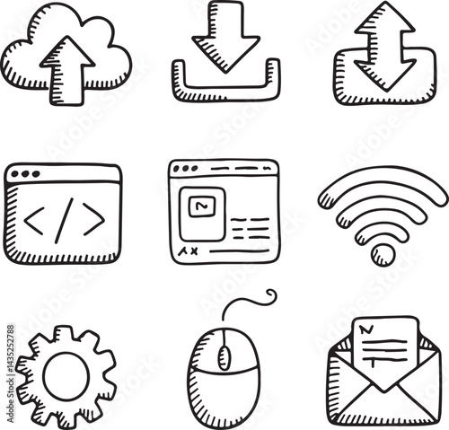 Hand drawn doodle style icons cloud storage, download arrow, upload, website, coding brackets, mouse, Wi Fi, settings gear, email black and white