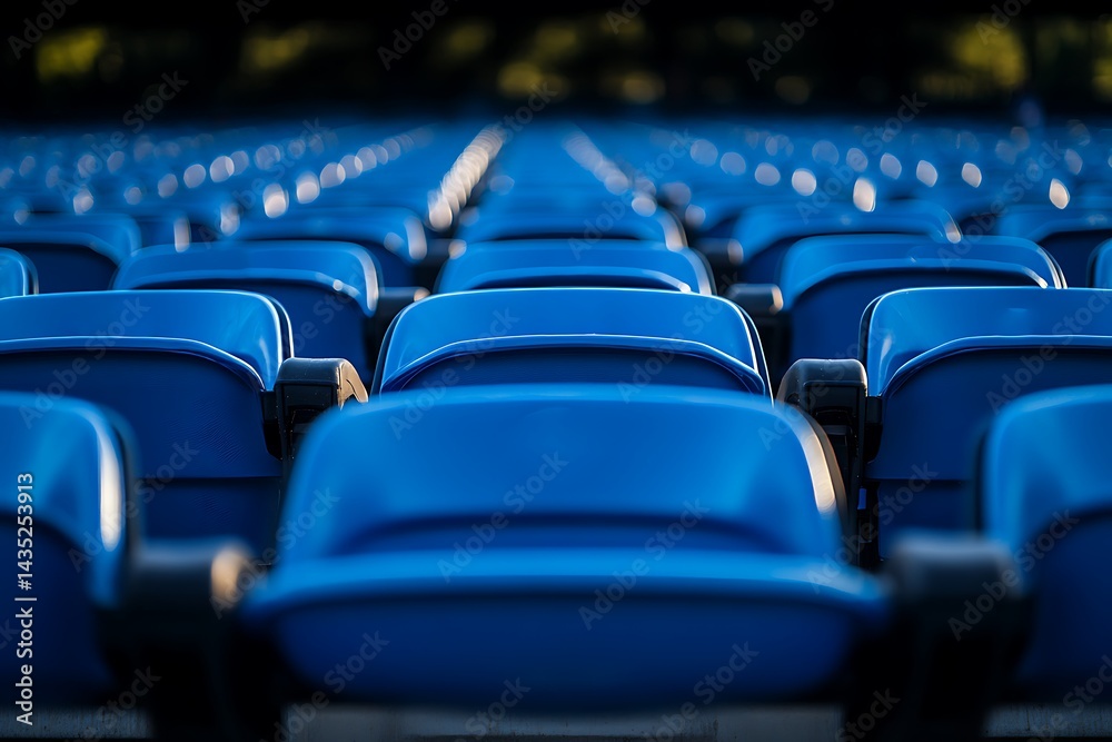 Fototapeta premium Rows of empty blue stadium seats perspective view event venue seating