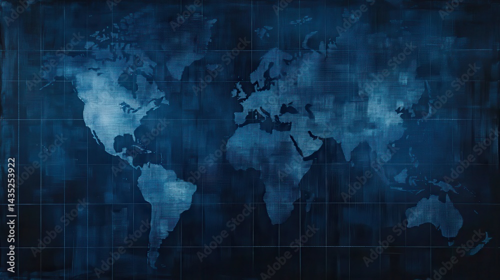 Obraz premium A digital world map displays continents in shades of blue against a dark grid background, emphasizing a modern and technological look.