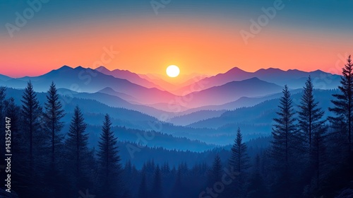 Majestic mountain sunrise. Misty peaks bathed in vibrant sunset hues. Silhouette of evergreen trees frame the vista