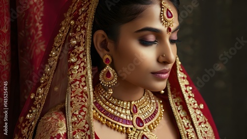 Close-up of traditional Indian wedding jewelry displayed elegantly on a model, including gold and ruby-encrusted ornaments, highlighting intricate craftsmanship,Generative Ai
